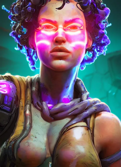 Image similar to glowwave portrait of curly hair muscular girl from borderlands 3, au naturel, hyper detailed, digital art, trending in artstation, cinematic lighting, studio quality, smooth render, unreal engine 5 rendered, octane rendered, art style by klimt and nixeu and ian sprigger and wlop and krenz cushart.