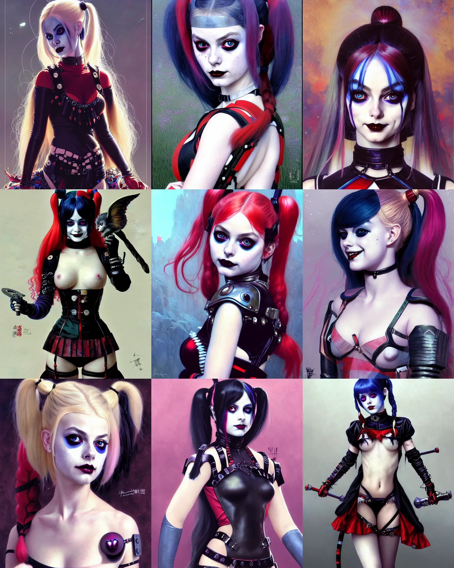Prompt: portrait of beautiful cute young goth maiden anime harley quinn girl looks like margot robbie in warhammer mechanical armor, high details, art by ( ( ( kuvshinov ilya ) ) ) and wayne barlowe and gustav klimt and artgerm and wlop and william - adolphe bouguereau