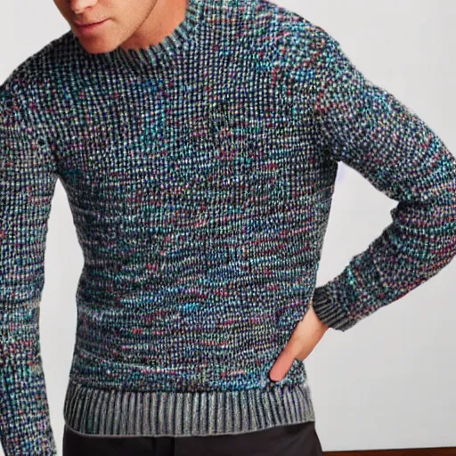 Prompt: a wool sweater knit with a repeating digital computer signal pattern