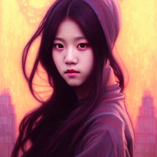 Prompt: jisoo of blackpink, hyperrealistic portrait, bladerunner street, art by artgerm and greg rutkowski and fra angelico and alphons mucha, fantasy art, photo realistic, dynamic lighting, artstation, poster, volumetric lighting, very detailed face, intricate complexity, rule of thirds, 8 k, award winning, unreal engine