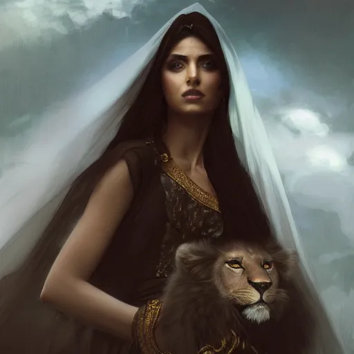 Prompt: a Photorealistic dramatic hyperrealistic render of an arab ameera al taweel, green eyes, tan, eyes, black hair, white veil, with a pet lion by WLOP,Artgerm,Greg Rutkowski,Alphonse Mucha, Beautiful dynamic dramatic dark moody lighting,shadows,cinematic atmosphere,Artstation,concept design art,Octane render,8K