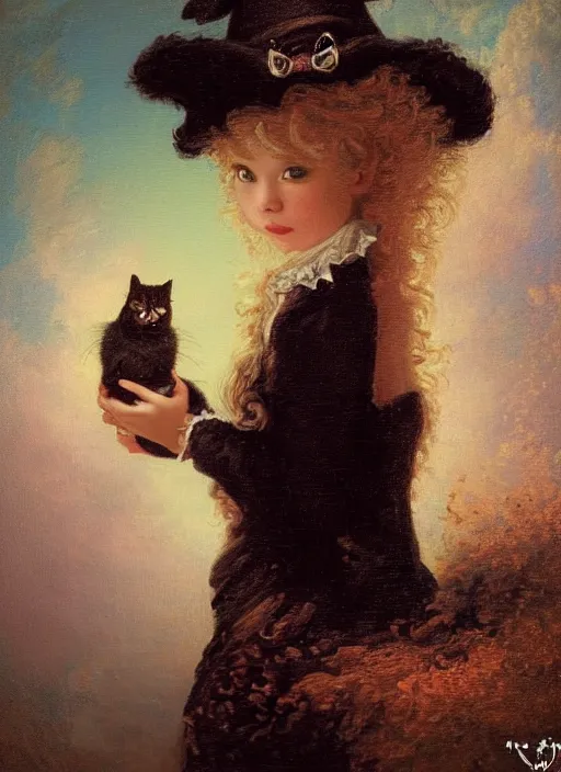 Image similar to cute little witch in an oil painting by jean - honore fragonard, portrait, realistic hair, intricate details, beautiful face, starry background, sparkles, glitter, a black cat epic lighting, soft vibes, cinematic, realistic, detailed