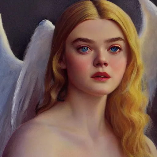 Image similar to ultra realistic portrait painting of elle fanning as an angel, art by frank frazetta, 4 k, ultra realistic, highly detailed, epic lighting