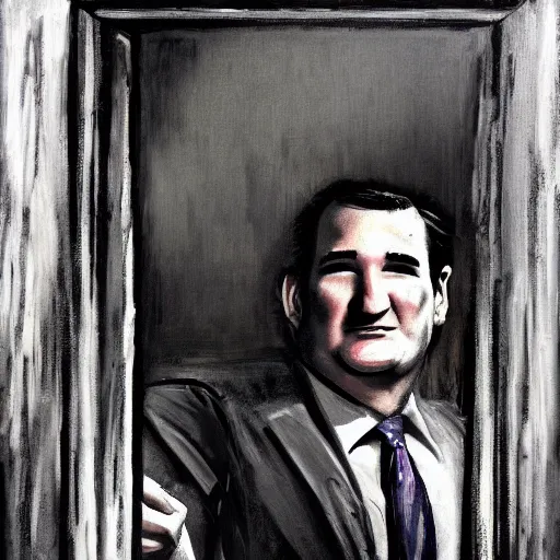 Image similar to Ted Cruz escapes, black and white, creepy lighting, scary, horror, ornate, eerie, fear, oil painting