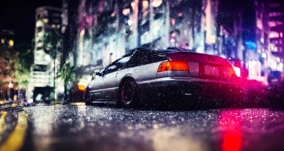 Image similar to close up macro shot of a honda prelude car on wet city street at night intricate hyper detailed smooth high contrast neon volumetric li