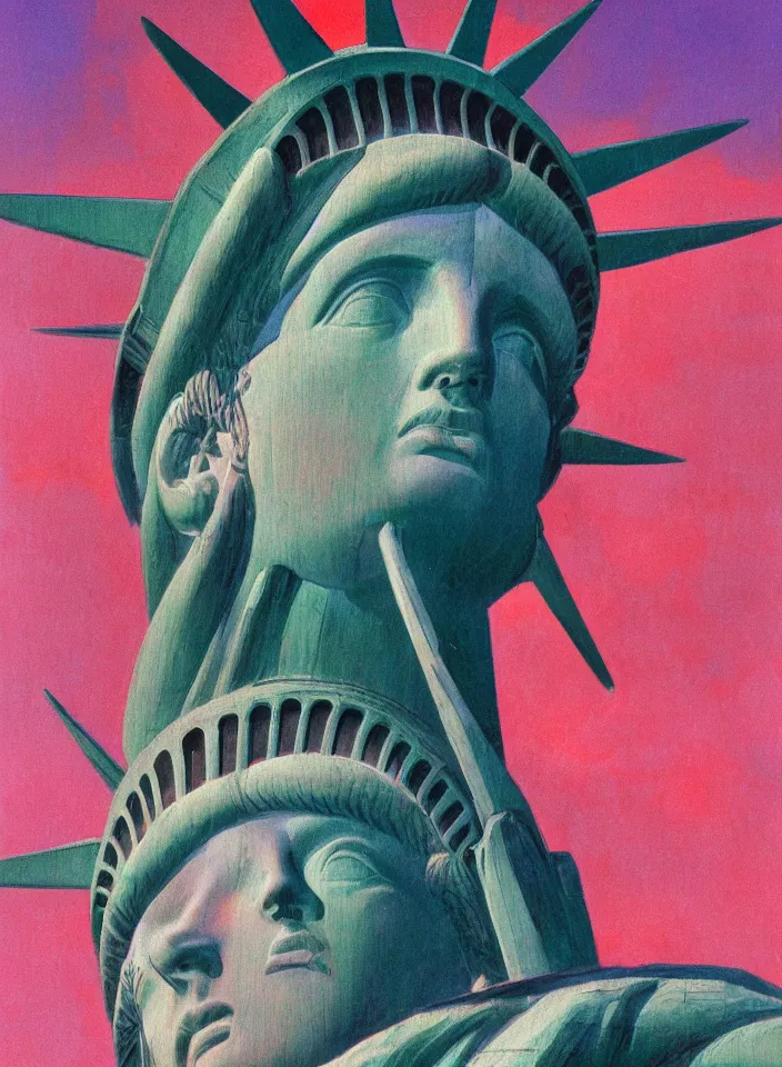 Image similar to beautiful closeup portrait of the statue of liberty in a burning blindfold, red and purple palette, volume light, fog, by ( h. r. giger ) and paul lehr