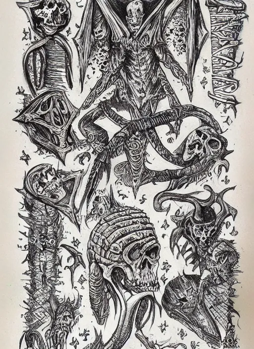 Image similar to a full page scan of handwritten evil spells, illustrated, intricate writing, knives made of human bones, satanic, evil, grimoire page, necronomicon style