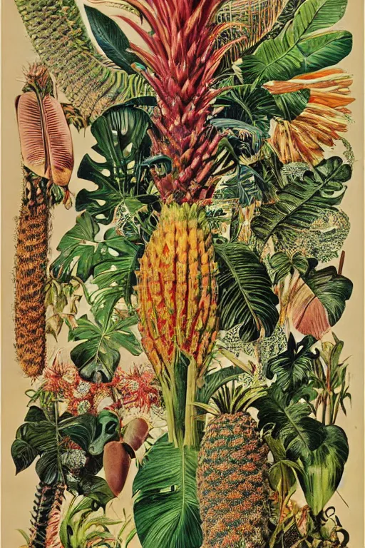 Image similar to vintage magazine advertisement depicting all of the tropical plants in the world, by marius lewandowski, by ernst haeckel