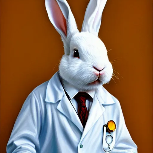 Prompt: a white bunny wearing doctor's coat and stethoscope. digital art artstation. realistic oilpainting.