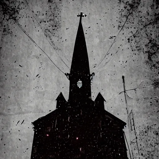 Prompt: The church of misery, cyberpunk, dark, digital art, night, scary, creepy