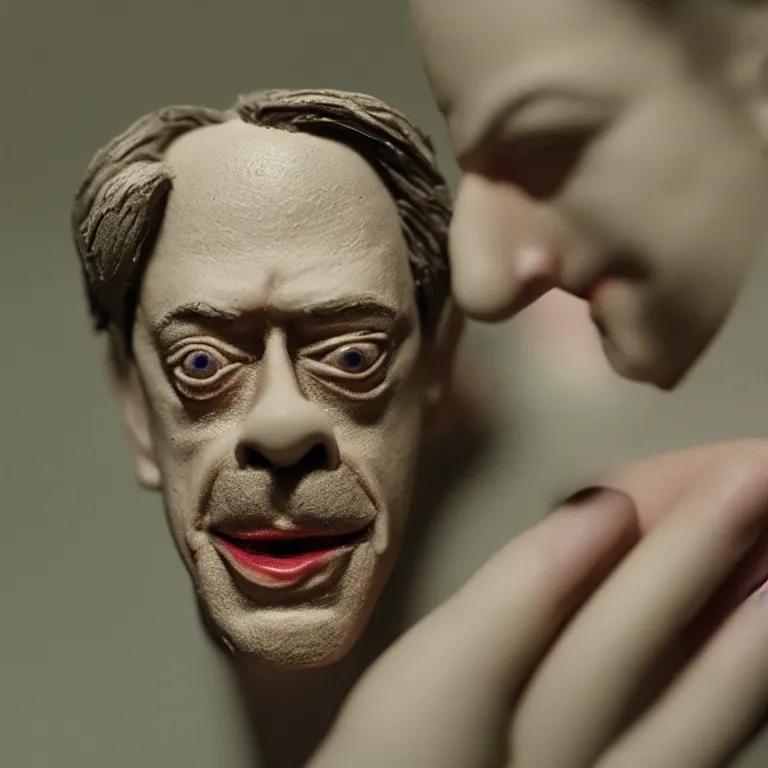 Image similar to a cinematic film still of a claymation stop motion film starring steve buscemi, portrait, shallow depth of field, 8 0 mm, f 1. 8