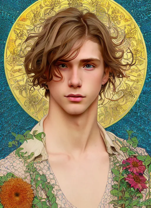 Image similar to pretty young man with shoulder length shiny shimmering golden blond hair, half body shot, emotional, decorative flower patterned background, path traced, highly detailed, high quality, digital painting, by studio ghibli and alphonse mucha, leesha hannigan, hidari, disney, jules bastien - lepage, art nouveau