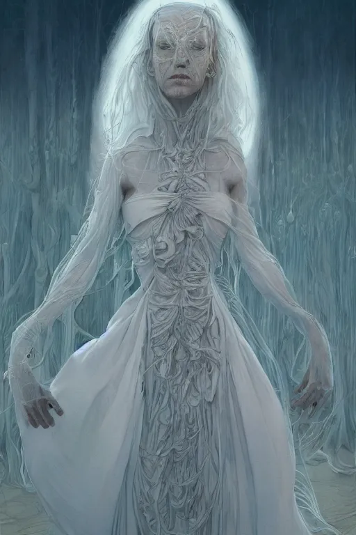 Prompt: the white lady in a dress with long hairs, art by James Jean and Wayne Barlowe, high detail, cinematic, cgsociety 8k