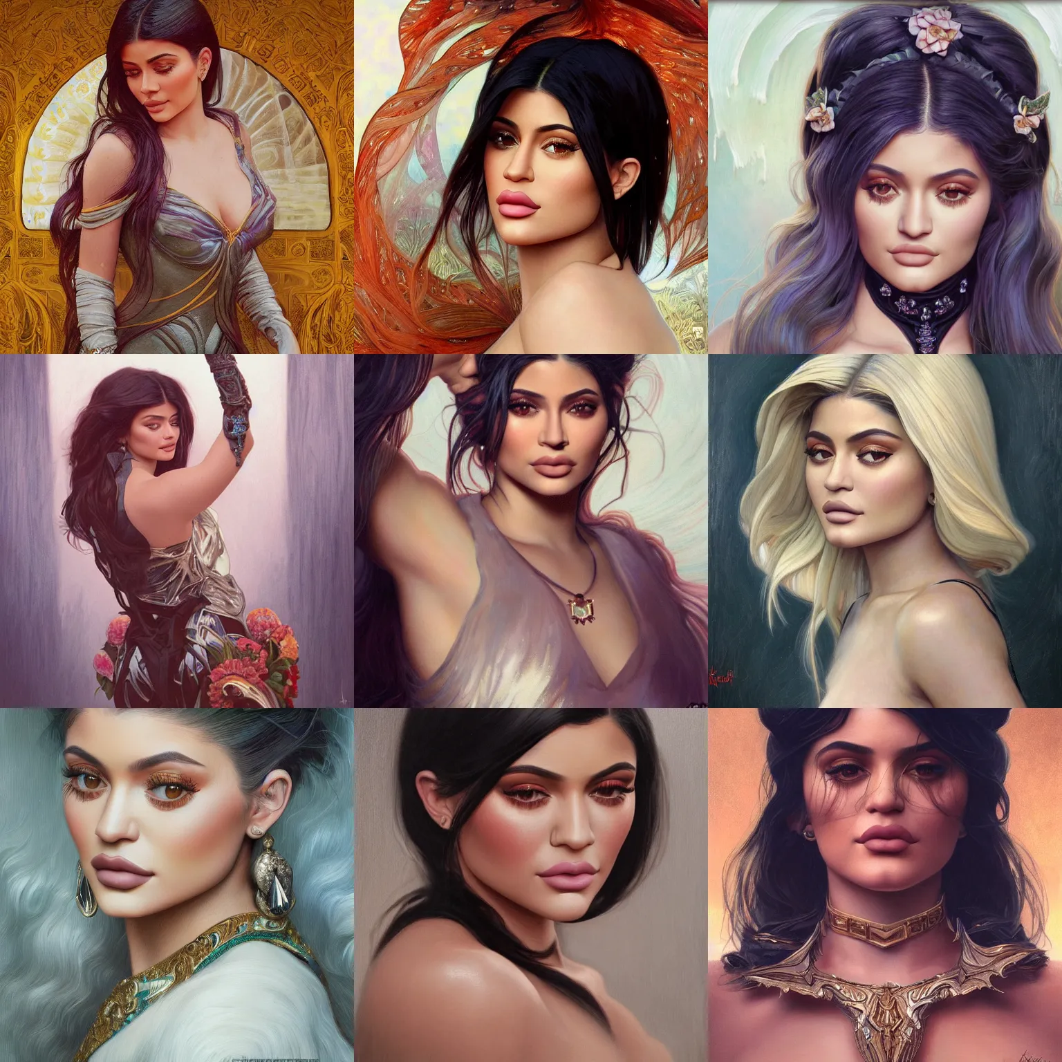 Prompt: portrait of Kylie Jenner, unreal, fantasy, intricate, elegant, dramatic, highly detailed, photorealistic, digital painting, painterly, artstation, concept art, smooth, sharp focus, art by John Collier and Krenz Cushart and Artem Demura and Alphonse Mucha and Albert Aublet