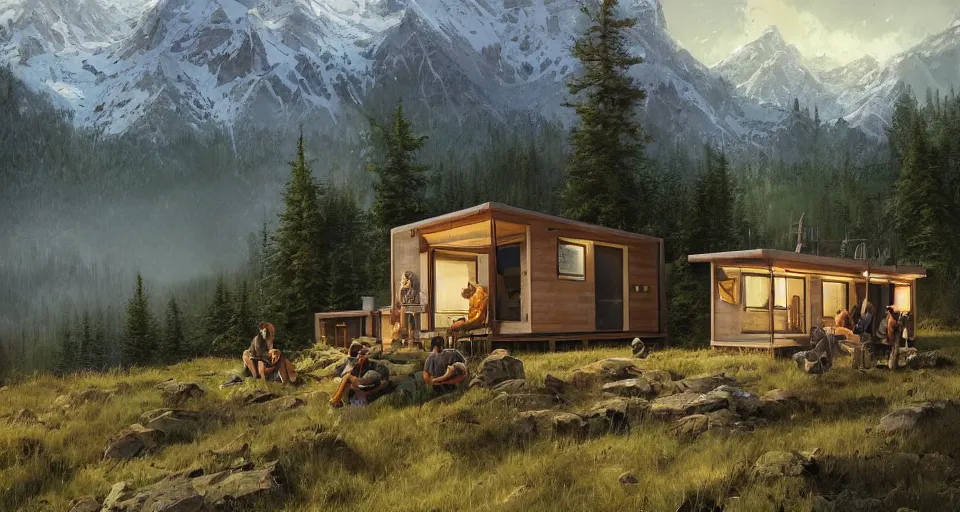 Image similar to cabela's beautiful comfortable community of modular insulated wall container home kit - house all weather military grade family dwelling tent house, person in foreground, mountainous forested wilderness open fields, beautiful views, painterly concept art, environmental concept art, concept art illustration, by james gurney, by craig mullins, by greg rutkowski trending on artstation