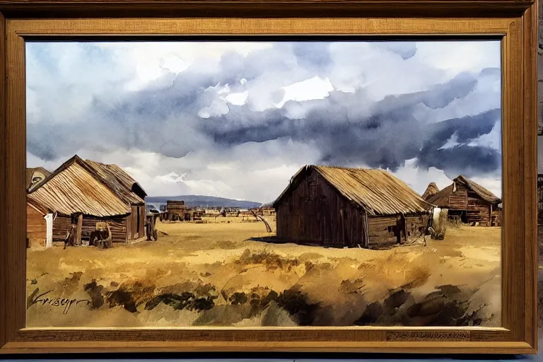 Image similar to paint brush strokes, abstract watercolor painting of american frontier western viking town, straw roof, storm, cinematic light, american romanticism by hans dahl, by jesper ejsing, by anders zorn, by greg rutkowski, by greg manchess, by tyler edlin