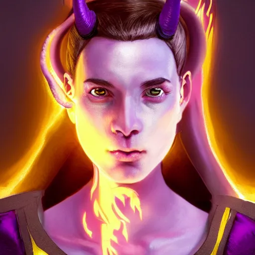 Image similar to A professional digital portrait painting of a young adult female tiefling with (skin that looks like fire), dressed in light armor, 4k, digital art, trending on cgsociety, highly detailed, paint by Wes Anderson, head and shoulders shot, shallow depth of field, purple and yellow lighting, professional lighting, airbrush, Hayao Miyazaki