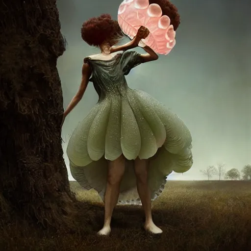 Image similar to medium shot of a brown woman wearing a luminous jelly fish armor. soft. fragile. by ray caesar. by louise dahl - wolfe. by andrea kowch. surreal photography