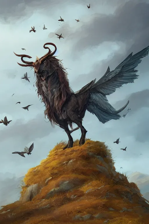 Image similar to a painting of a demon standing on a hill surrounded by birds, an ultrafine detailed painting by nina tryggvadottir, artstation contest winner, fantasy art, artstation hd, apocalypse art, 2 d game art