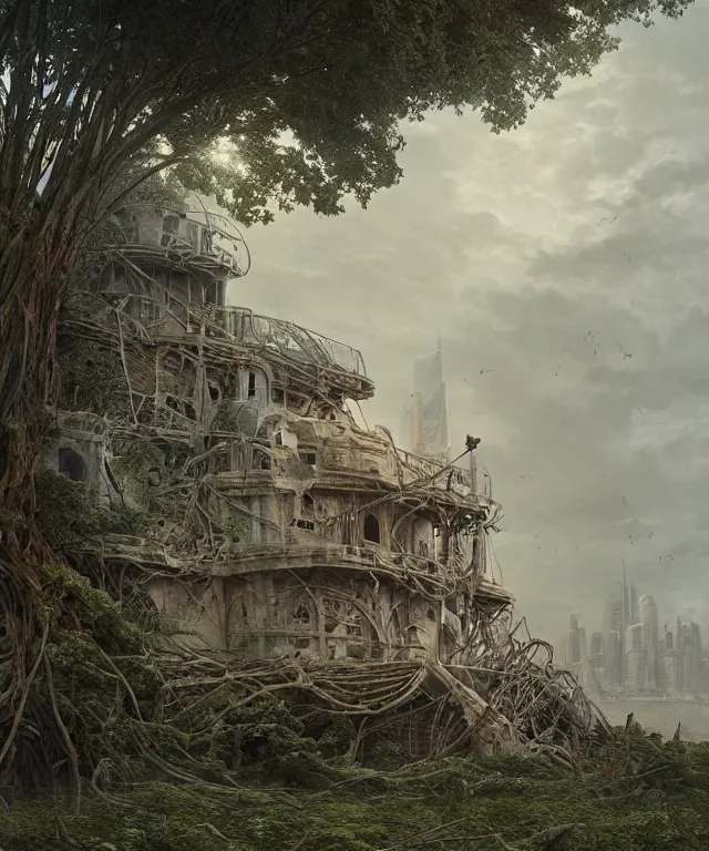 Image similar to highly detailed digital matte painting of an overgrown, abandoned, damaged Lady of Liberty, taken back by nature Full shot. By Raphael LaCoste and Ruan Jia and Robert McCall, postcyberpunk, geodesic dome, hyperdetailed, sunrise, wide shot, autochrome, octane render