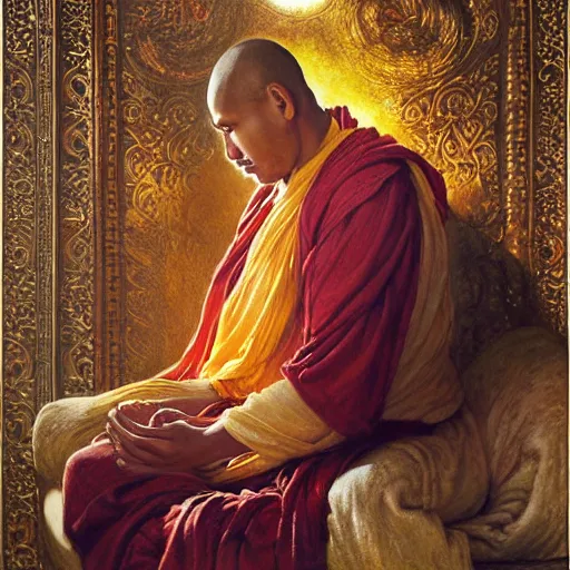 Prompt: highly detailed potrait of blind folded by cloth srilankan cunning buddhist monk praying in baroque style, painting by gaston bussiere, craig mullins, j. c. leyendecker, lights, art by ernst haeckel, john william godward, hammershøi,