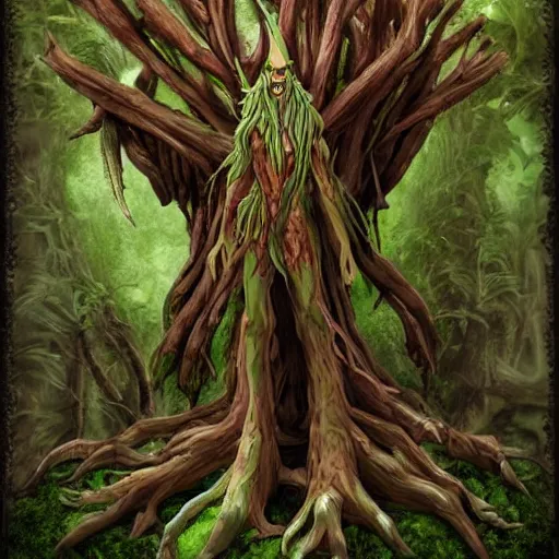 Image similar to giant green old treant creature, elven treant made of leaves and roots, old elven treant, old humanoid ents, elven face, old human face, old humanoid treant, epic fantasy style, green theme, forest background, hearthstone artwork