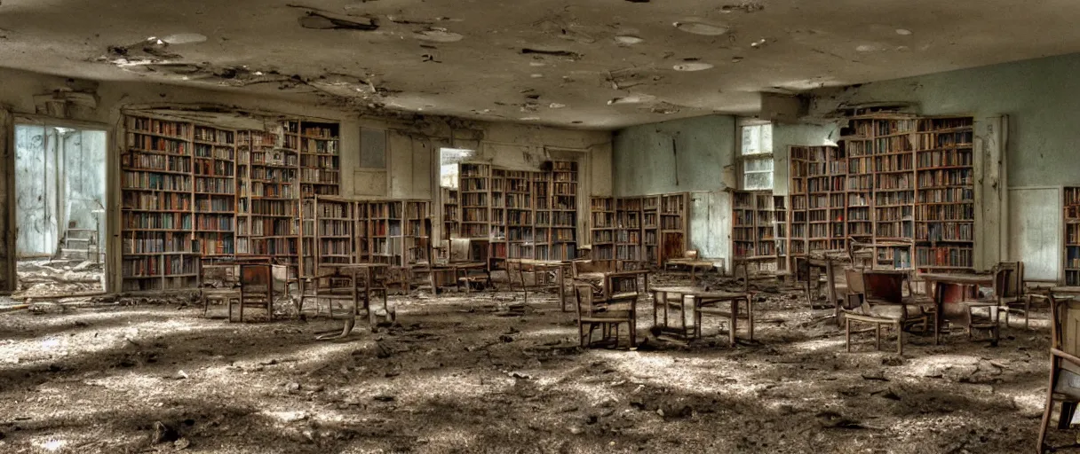 Prompt: movie still 4 k uhd 3 5 mm film color photograph of an abandoned 1 9 5 0's era library, dusty, dank