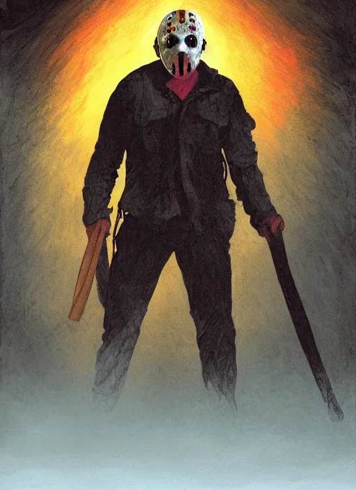 Image similar to Jason Voorhees in Friday the 13th Part VI: Jason Lives (1986), highly detailed, centered, solid color background, digital painting, artstation, concept art, smooth, sharp focus, illustration, Jason Edmiston, donato giancola, Joseph Christian Leyendecker, Les Edwards, Ed Repka, WLOP, Artgerm