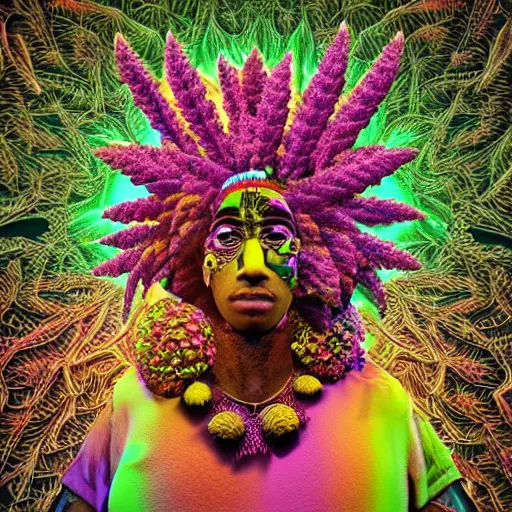 Prompt: an african marijuanna!! shaman with an afro made of flowers, third eye art art by machina infinitum, complexity from simplicity, rendered in octane, mandelbulb 3 d, ambient occlusion, macro photography, felt!!! texture, tribal, neon! retrowave