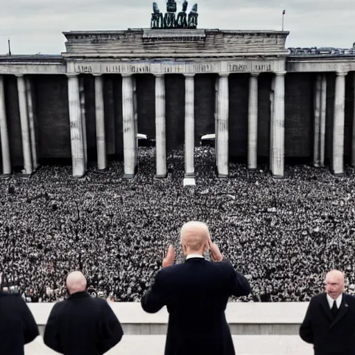 Prompt: joe biden doing a nazi salute, in front of brandenburger tor. huge nazi crowd in front of him. face of joe biden is clearly visible. canon eos r 3, f / 1. 4, iso 1 6 0 0, 1 / 8 0 s, 8 k, raw, grainy