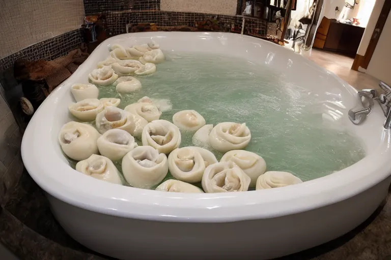 Prompt: a giant bathtub filled to the brim with pelmeni