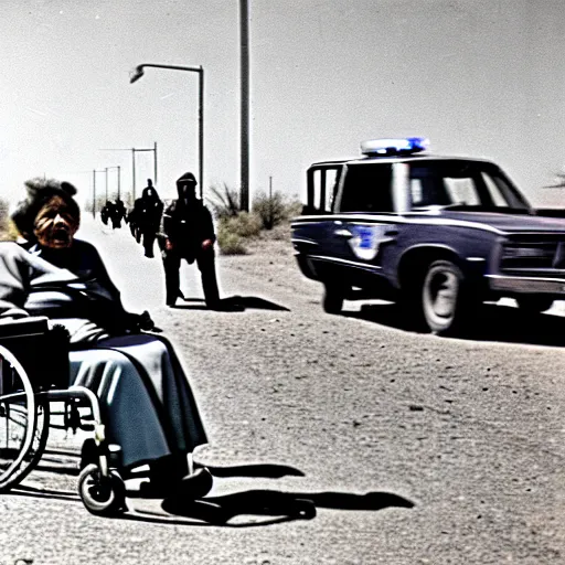 Prompt: Old woman in a wheelchair is chased by the police at very high speed. police cars in the background chasing the woman. texas desert. dramatic journalism, colored photo. 1970.