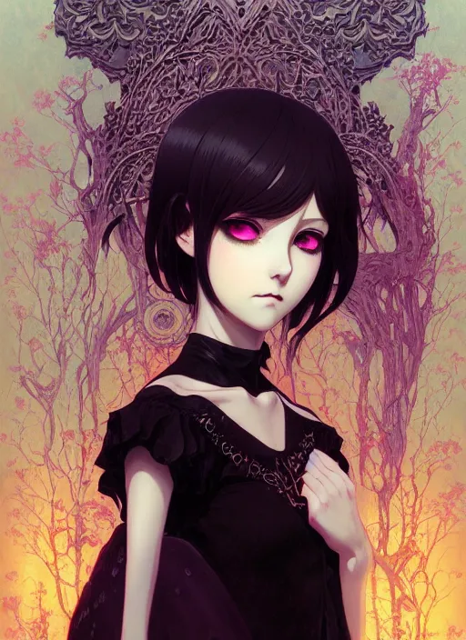 Image similar to portrait of beautiful gothic girl, cute face, intricate, highly detailed, digital painting, official media, anime key visual, concept art, rich vivid colors, ambient lighting, sharp focus, illustration, art by wlop and ilya kuvshinov and makoto shinkai and range murata and gustav klimt