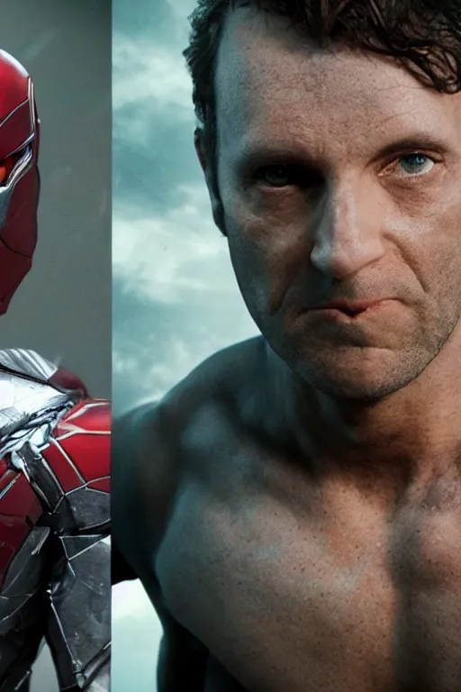 Image similar to VFX movie still frame portrait DC vs. Marvel team natural skin, hero pose, war zone by Emmanuel Lubezki