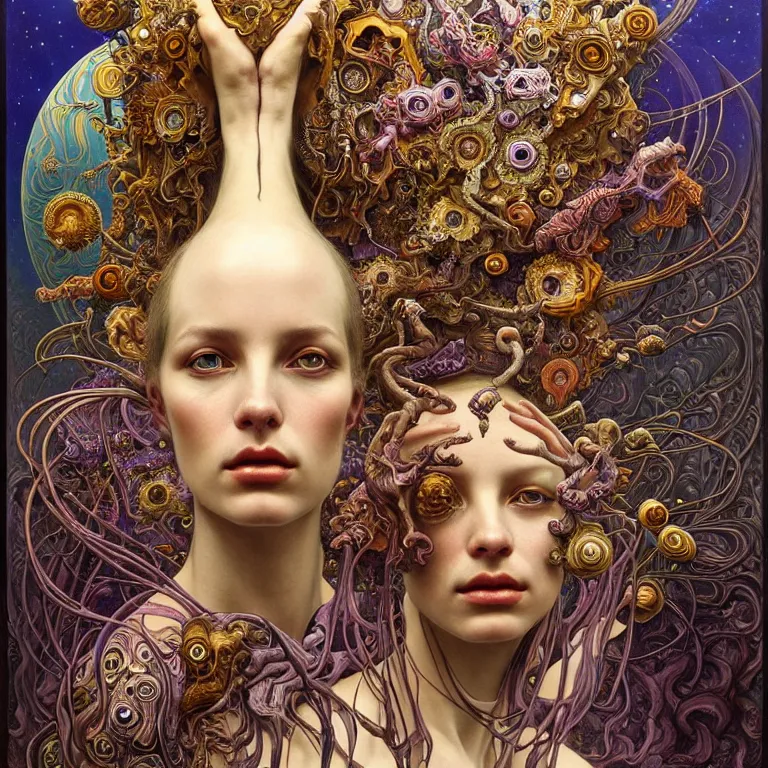 Image similar to detailed realistic beautiful young groovypunk queen of andromeda galaxy in full regal attire. face portrait. art nouveau, symbolist, visionary, baroque, giant fractal details. horizontal symmetry by zdzisław beksinski, iris van herpen, raymond swanland and alphonse mucha. highly detailed, hyper - real, beautiful