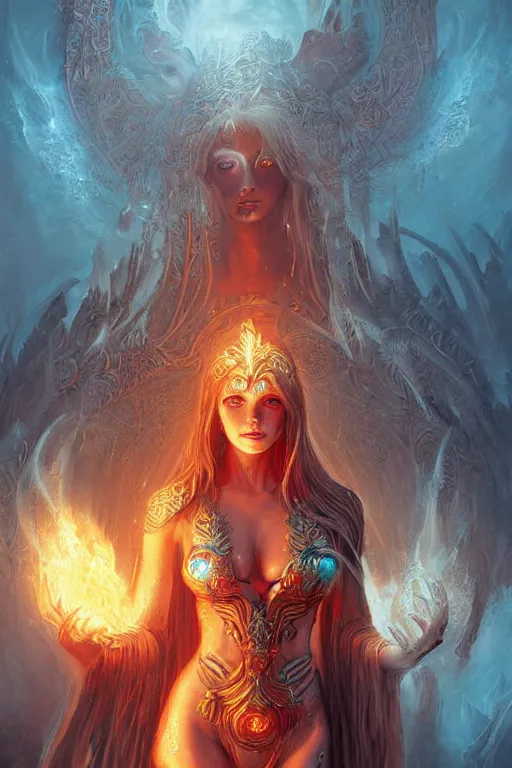 Image similar to Ethereal Beautiful Flame Goddess wearing Bikini Armor Imbued with Glowing Water Runes, digital art, fantasy, magic, professional illustration by Seb McKinnon, WLOP, and artgerm, illustration