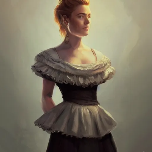 Image similar to a portrait of alexandra breckenridge as a maid, urban motifs, intricate, elegant, highly detailed, digital painting, trending on artstation, concept art, smooth sharp focus, illustration, art by artgerm and greg rutkowski