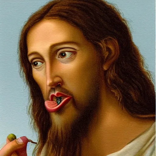 Prompt: sweaty jesus eating a wet pickle and staring into the camera expectantly, professional photograph, highly detailed