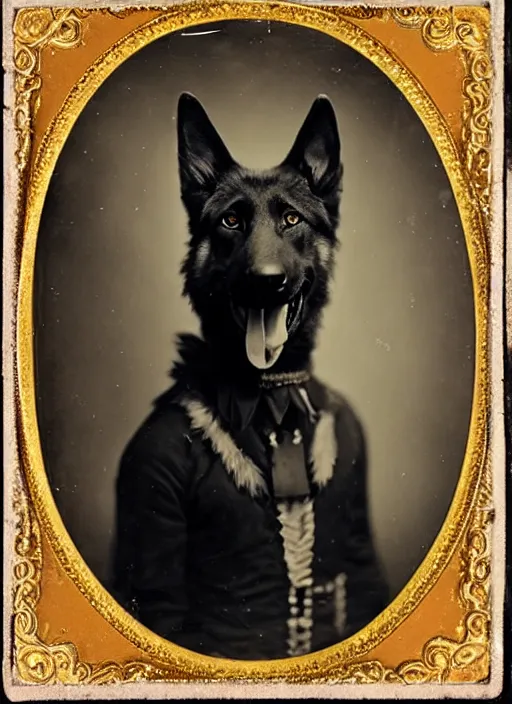 Image similar to professional studio photo portrait of anthro anthropomorphic german shepard head animal person fursona smug smiling wearing elaborate pompous royal king robes clothes degraded medium by Louis Daguerre daguerreotype tintype