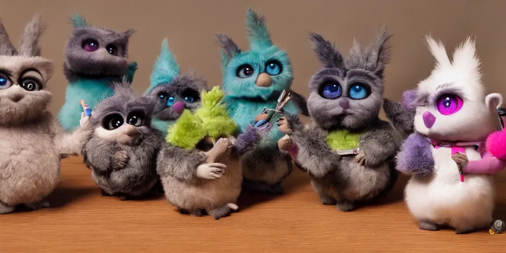 Image similar to a small group of furbies smoking cannabis!!!!! furbies with bongs!! smoking pipes!! and joints!!, smoke! fills the air of a small room, studio lighting, photograph