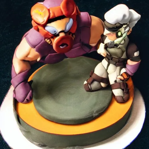 Prompt: solid snake stuffing down a cake in the style of gonzossm