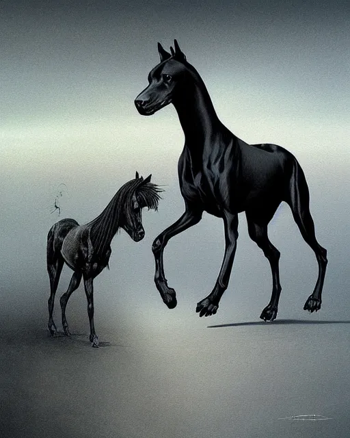 Image similar to painting of hybrid between black weimaraner & black stallion horse! & intercrossed animal, by zdzislaw beksinski, by mattias adolfsson, by tiffany bozic, cold hue's, warm tone gradient background, concept art, single object scene, beautiful composition, digital painting