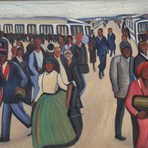 Prompt: painting of south african commuters heading to the central business district of johannesburg, painted by laurence stephen lowry, oil on canvas, national gallery