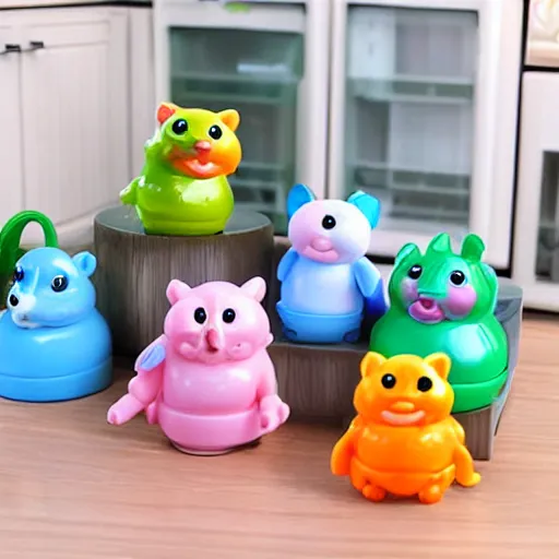 Image similar to some cute plastic toys that look like animal characters washing dishing in the kitchen, pastel colors