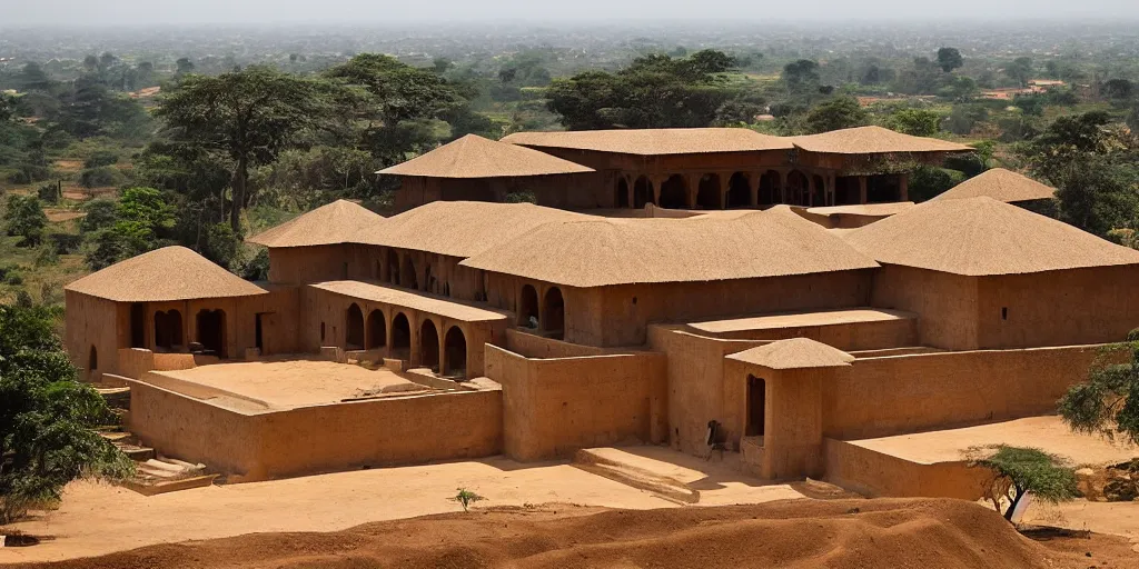 Prompt: ashanti rammed earth palace, 1 8 7 4, the palace is located atop a hill and overlooks a traditional african city, there a lush forest surrounds it