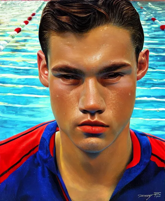 Prompt: portrait of a handsome young tejano swimmer, art by denys tsiperko and bogdan rezunenko, hyperrealism