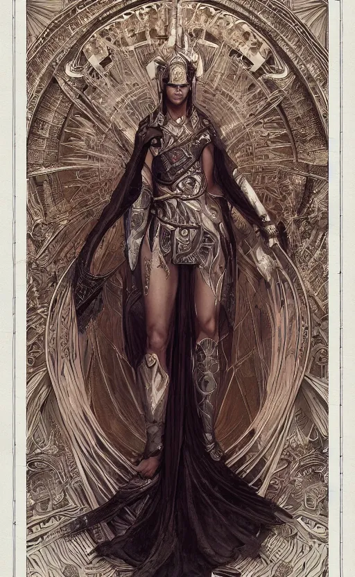 Image similar to julius caesar, front view, symetrical, full body, neutral background, intricate, sharp focus, illustration, aleksi briclot, rossbach, anna dittmann, rutkowski, mucha