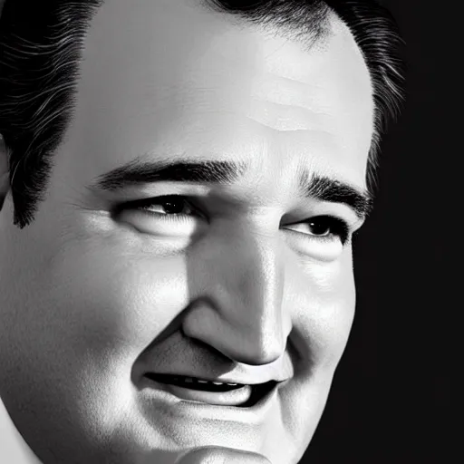 Image similar to Ted Cruz with a wide grin looking up directly at the camera, black and white, creepy lighting, scary, horror, ornate, eerie, fear