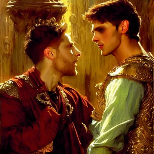 Image similar to attractive, arthur pendragon in love with attractive male, merlin the mage. highly detailed painting by gaston bussiere, craig mullins, j. c. leyendecker