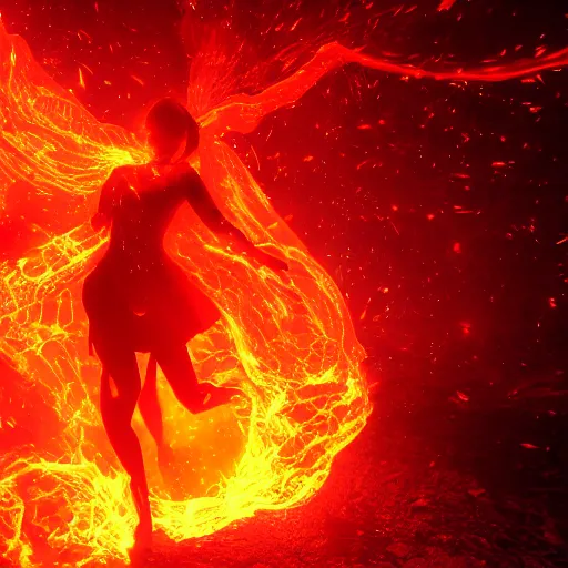 Prompt: portrait of a fire sprite, flames, dark, red glowing background lighting, hyper detailed, fairy tale, 4 k octane render